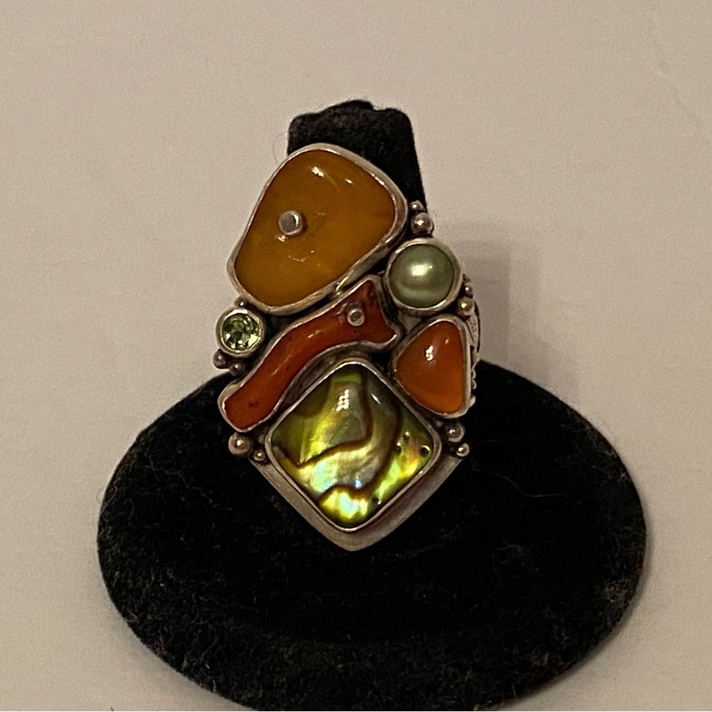 💍[Echo of the Dreamer] Multi-Stone Abalone Gemstone Sterling Statement Ring Sz 7
